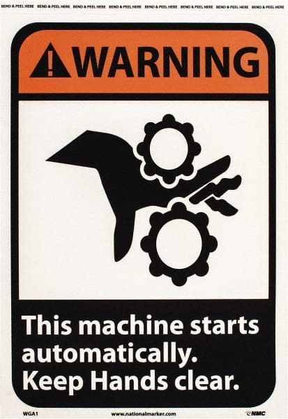 NMC - "Warning - This Machine Starts Automatically - Keep Hands Clear", 14" Long x 10" Wide, Pressure-Sensitive Vinyl Safety Sign - Rectangle, 0.004" Thick, Use for Accident Prevention - Exact Tooling