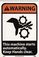 NMC - "Warning - This Machine Starts Automatically - Keep Hands Clear", 14" Long x 10" Wide, Pressure-Sensitive Vinyl Safety Sign - Rectangle, 0.004" Thick, Use for Accident Prevention - Exact Tooling