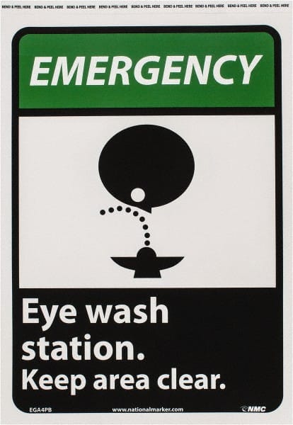 NMC - "Emergency - Eye Wash Station - Keep Area Clear", 14" Long x 10" Wide, Pressure-Sensitive Vinyl Safety Sign - Rectangle, 0.004" Thick, Use for First Aid - Exact Tooling
