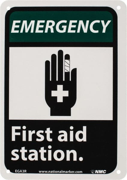 NMC - "Emergency - First Aid Station", 10" Long x 7" Wide, Rigid Plastic Safety Sign - Rectangle, 0.05" Thick, Use for First Aid - Exact Tooling