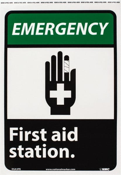 NMC - "Emergency - First Aid Station", 14" Long x 10" Wide, Pressure-Sensitive Vinyl Safety Sign - Rectangle, 0.004" Thick, Use for First Aid - Exact Tooling