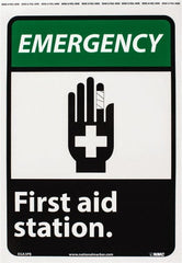 NMC - "Emergency - First Aid Station", 14" Long x 10" Wide, Pressure-Sensitive Vinyl Safety Sign - Rectangle, 0.004" Thick, Use for First Aid - Exact Tooling