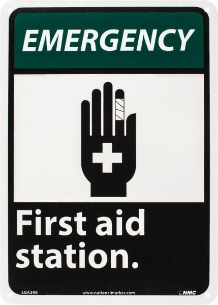 NMC - "Emergency - First Aid Station", 14" Long x 10" Wide, Rigid Plastic Safety Sign - Rectangle, 0.05" Thick, Use for First Aid - Exact Tooling