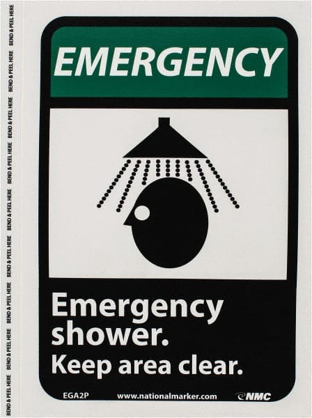 NMC - "Emergency - Emergency Shower - Keep Area Clear", 10" Long x 7" Wide, Pressure-Sensitive Vinyl Safety Sign - Rectangle, 0.004" Thick, Use for First Aid - Exact Tooling
