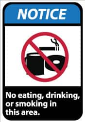 NMC - "Notice - No Eating, Drinking or Smoking in This Area", 10" Long x 7" Wide, Pressure-Sensitive Vinyl Safety Sign - Rectangle, 0.004" Thick, Use for Security & Admittance - Exact Tooling