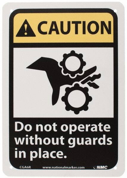 NMC - "Caution - Do Not Operate without Guards in Place", 10" Long x 7" Wide, Rigid Plastic Safety Sign - Rectangle, 0.05" Thick, Use for Accident Prevention - Exact Tooling