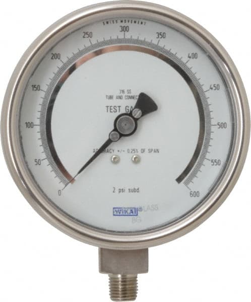 Wika - 4" Dial, 1/4 Thread, 0-600 Scale Range, Pressure Gauge - Lower Connection Mount, Accurate to 0.25% of Scale - Exact Tooling