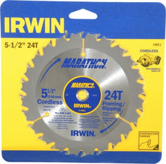 Irwin - 5-1/2" Diam, 10mm Arbor Hole Diam, 24 Tooth Wet & Dry Cut Saw Blade - Carbide-Tipped, Framing & Ripping Action, Standard Round Arbor - Exact Tooling