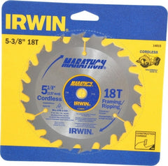 Irwin - 5-3/8" Diam, 10mm Arbor Hole Diam, 18 Tooth Wet & Dry Cut Saw Blade - Carbide-Tipped, Framing & Ripping Action, Standard Round Arbor - Exact Tooling