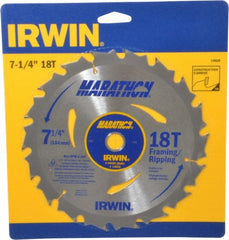 Irwin - 7-1/4" Diam, 5/8" Arbor Hole Diam, 18 Tooth Wet & Dry Cut Saw Blade - Carbide-Tipped, Framing & Ripping Action, Diamond Arbor - Exact Tooling