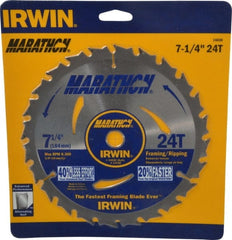 Irwin - 7-1/4" Diam, 5/8" Arbor Hole Diam, 24 Tooth Wet & Dry Cut Saw Blade - Carbide-Tipped, Framing & Ripping Action, Diamond Arbor - Exact Tooling