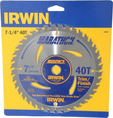 Irwin - 7-1/4" Diam, 5/8" Arbor Hole Diam, 40 Tooth Wet & Dry Cut Saw Blade - Carbide-Tipped, Finishing & Trimming Action, Diamond Arbor - Exact Tooling