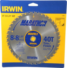 Irwin - 8-1/4" Diam, 5/8" Arbor Hole Diam, 40 Tooth Wet & Dry Cut Saw Blade - Carbide-Tipped, Finishing & Trimming Action, Diamond Arbor - Exact Tooling