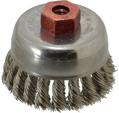 Anderson - 2-3/4" Diam, M10x1.50 Threaded Arbor, Stainless Steel Fill Cup Brush - 0.02 Wire Diam, 3/4" Trim Length, 14,000 Max RPM - Exact Tooling
