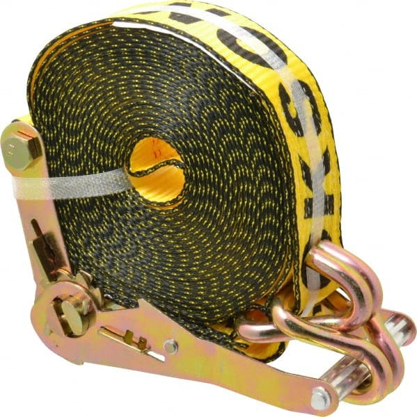 Erickson Manufacturing - 27' Long x 2" Wide, 10,000 Lb Basket Capacity, Polyester Web Sling - Yellow, with Ratchet Tie Down - Exact Tooling