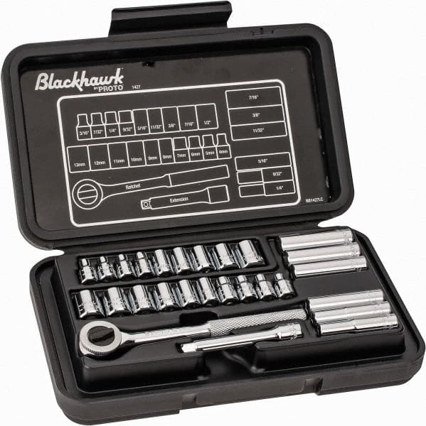 Blackhawk by Proto - 27 Piece 1/4" Drive Deep Well Socket Set - 6, 12 Points, 3/16" to 1/2" (4mm to 13mm) Range, Inch/Metric Measurement Standard - Exact Tooling