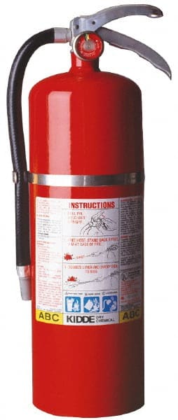 Kidde - 10 Lb, 4-A:80-B:C Rated, Dry Chemical Fire Extinguisher - 5-1/4" Diam x 19.13" High, 195 psi, 20' Discharge in 22 sec, Rechargeable, Steel Cylinder - Exact Tooling