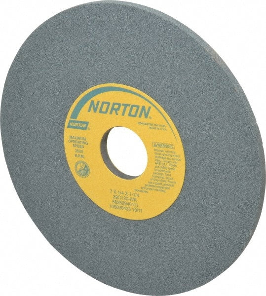 Norton - 7" Diam x 1-1/4" Hole x 1/4" Thick, I Hardness, 120 Grit Surface Grinding Wheel - Silicon Carbide, Type 1, Fine Grade, 3,600 Max RPM, Vitrified Bond, No Recess - Exact Tooling