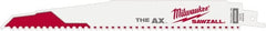 Milwaukee Tool - 9" Long x 1" Thick, Steel Reciprocating Saw Blade - Tapered Profile, 5 to 8 TPI, Toothed Edge, Universal Shank - Exact Tooling
