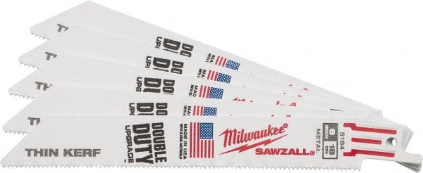 Milwaukee Tool - 6" Long x 3/4" Thick, Steel Reciprocating Saw Blade - Straight Profile, 18 TPI, Toothed Edge, Universal Shank - Exact Tooling