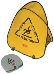 Rubbermaid - Caution, 18-3/8" Wide x 20" High, Spring Steel and Durable Cleanable Fabric Floor Sign - English/French/Spanish, A-Frame, Black on Yellow, For Accident Prevention - Exact Tooling