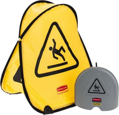 Rubbermaid - 18-3/8" Wide x 20" High, Spring Steel and Durable Cleanable Fabric Floor Sign - A-Frame, Black on Yellow, For Restroom, Janitorial & Housekeeping - Exact Tooling