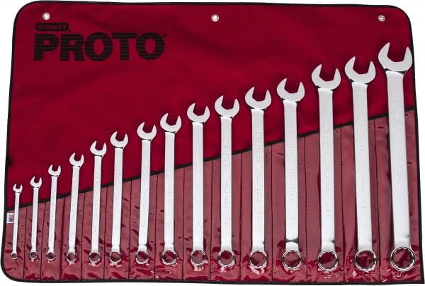 Proto - 15 Piece, 5/16" to 1-1/4", 12 Point Combination Wrench Set - Inch Measurement Standard, Full Polish Finish, Comes in Vinyl Roll - Exact Tooling