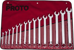Proto - 15 Piece, 5/16" to 1-1/4", 12 Point Combination Wrench Set - Inch Measurement Standard, Full Polish Finish, Comes in Vinyl Roll - Exact Tooling