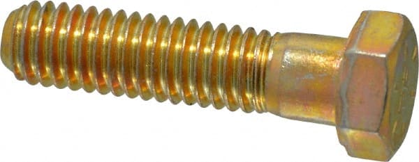 Made in USA - 3/8-16 UNC, 1-1/2" Length Under Head Hex Head Cap Screw - Partially Threaded, Grade 8 Alloy Steel, Zinc Yellow Dichromate Finish, 9/16" Hex - Exact Tooling
