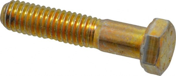 Made in USA - 3/8-16 UNC, 1-3/4" Length Under Head Hex Head Cap Screw - Partially Threaded, Grade 8 Alloy Steel, Zinc Yellow Dichromate Finish, 9/16" Hex - Exact Tooling