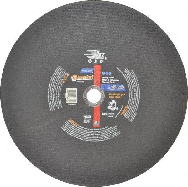 Norton - 14" Aluminum Oxide Cutoff Wheel - 3/32" Thick, 1" Arbor, 4,365 Max RPM, Use with Stationary Tools - Exact Tooling
