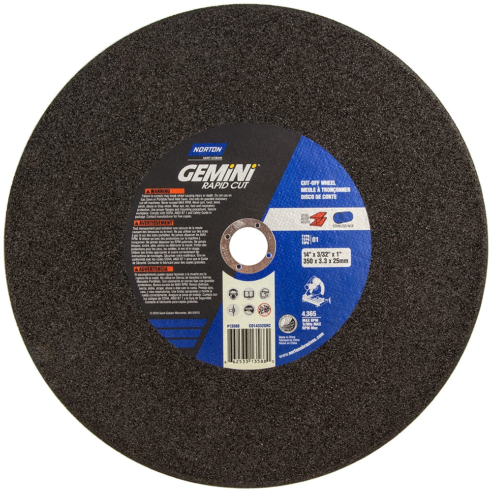 Norton - 14 x 3/32, 1" Hole Aluminum Oxide Cutoff Wheel - Exact Tooling