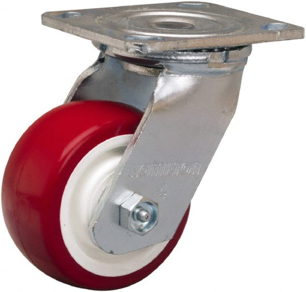 Hamilton - 4" Diam x 2" Wide x 5-5/8" OAH Top Plate Mount Swivel Caster - Polyurethane Mold on Polypropylene, 750 Lb Capacity, Straight Roller Bearing, 4 x 4-1/2" Plate - Exact Tooling