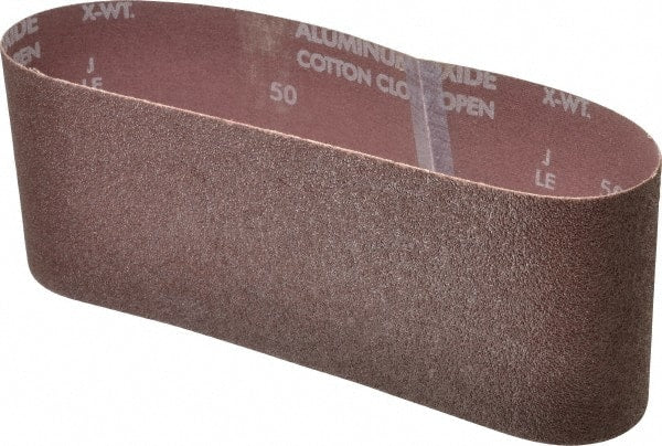 Norton - 4" Wide x 24" OAL, 50 Grit, Aluminum Oxide Abrasive Belt - Aluminum Oxide, Coarse, Coated, X Weighted Cloth Backing, Series R228 - Exact Tooling
