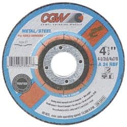 Camel Grinding Wheels - 24 Grit, 9" Wheel Diam, 1/4" Wheel Thickness, 7/8" Arbor Hole, Type 27 Depressed Center Wheel - Aluminum Oxide, Resinoid Bond, R Hardness, 6,600 Max RPM, Compatible with Angle Grinder - Exact Tooling