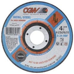 Camel Grinding Wheels - 24 Grit, 7" Wheel Diam, 1/8" Wheel Thickness, 7/8" Arbor Hole, Type 27 Depressed Center Wheel - Aluminum Oxide, Resinoid Bond, Q Hardness, 8,600 Max RPM, Compatible with Angle Grinder - Exact Tooling