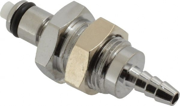 CPC Colder Products - 1/8" Inside Tube Diam, Brass, Quick Disconnect, Hose Barb Valved Panel Mount Coupling Insert - 250 Max psi, -40 to 180°F, 1.87" OAL x 0.75" Overall Height, Chrome Plated - Exact Tooling