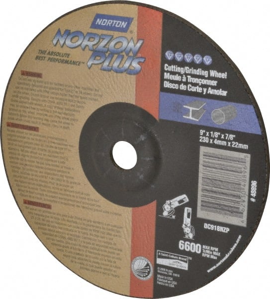 Norton - 9" Wheel Diam, 1/8" Wheel Thickness, 7/8" Arbor Hole, Type 27 Depressed Center Wheel - Ceramic, 6,600 Max RPM, Compatible with Angle Grinder - Exact Tooling