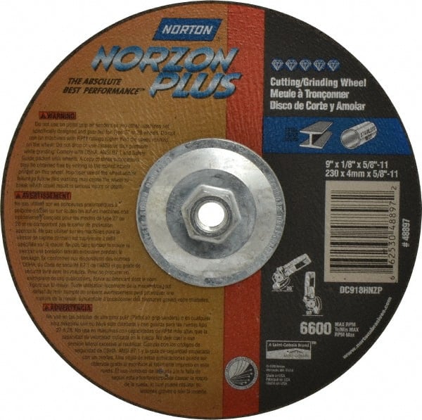 Norton - 9" Wheel Diam, 1/8" Wheel Thickness, Type 27 Depressed Center Wheel - Ceramic, 6,600 Max RPM, Compatible with Angle Grinder - Exact Tooling