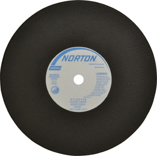 Norton - 10" 36 Grit Aluminum Oxide Cutoff Wheel - 3/32" Thick, 5/8" Arbor, 6,110 Max RPM, Use with Stationary Tools - Exact Tooling