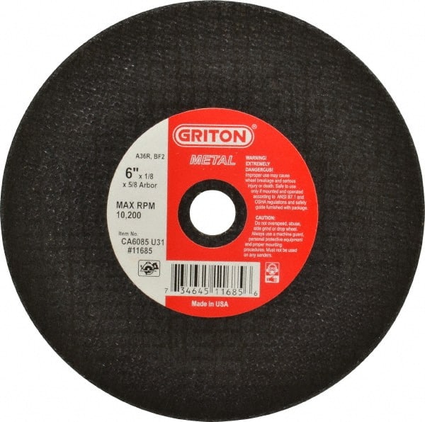 Made in USA - 6" 36 Grit Aluminum Oxide Cutoff Wheel - 1/8" Thick, 5/8" Arbor, 10,186 Max RPM, Use with Circular Saws - Exact Tooling