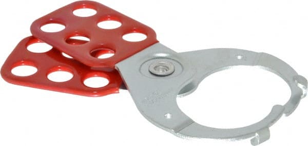 American Lock - Single Jaw, 1-1/2" Jaw Diam, 6 PadLocks, Steel Lockout Hasp - Scissor Action, 5" Long, Red - Exact Tooling