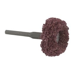 Superior Abrasives - 1-1/2" Diam x 1" Thick, Soft Mounted Satin Disc Buffing Wheel - 3 Ply, Fine Grade, 1/8" Shank Diam, 13,000 RPM - Exact Tooling