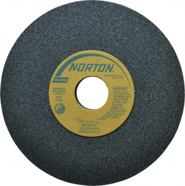 Norton - 7" Diam x 1-1/4" Hole x 1/2" Thick, I Hardness, 60 Grit Surface Grinding Wheel - Silicon Carbide, Type 1, Medium Grade, 3,600 Max RPM, Vitrified Bond, No Recess - Exact Tooling
