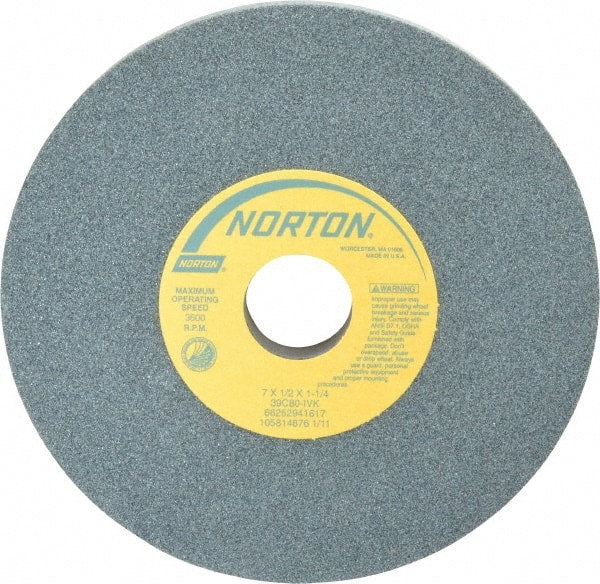 Norton - 7" Diam x 1-1/4" Hole x 1/2" Thick, I Hardness, 80 Grit Surface Grinding Wheel - Silicon Carbide, Type 1, Medium Grade, 3,600 Max RPM, Vitrified Bond, No Recess - Exact Tooling