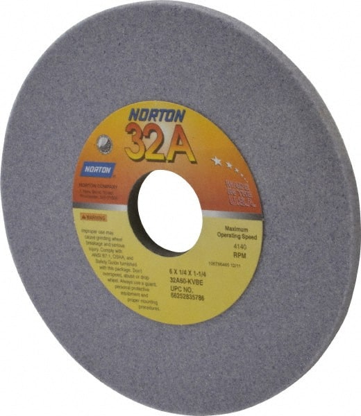 Norton - 6" Diam x 1-1/4" Hole x 1/4" Thick, K Hardness, 60 Grit Surface Grinding Wheel - Aluminum Oxide, Type 1, Medium Grade, 4,140 Max RPM, Vitrified Bond, No Recess - Exact Tooling