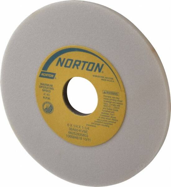 Norton - 6" Diam x 1-1/4" Hole x 1/4" Thick, K Hardness, 60 Grit Surface Grinding Wheel - Aluminum Oxide, Type 1, Medium Grade, 4,140 Max RPM, Vitrified Bond, No Recess - Exact Tooling