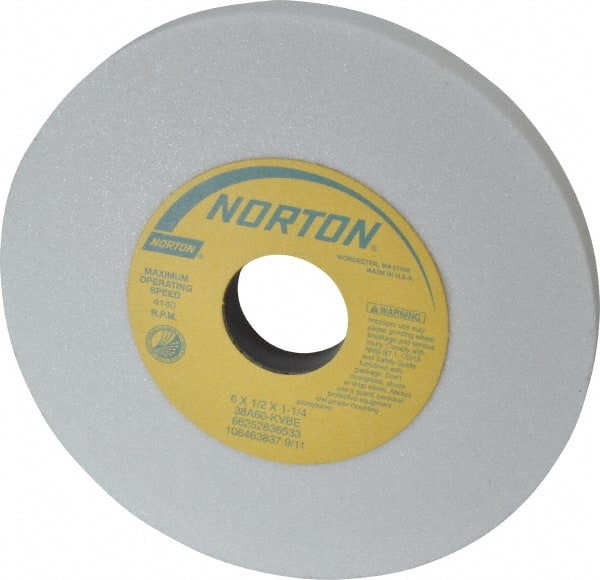 Norton - 6" Diam x 1-1/4" Hole x 1/2" Thick, K Hardness, 60 Grit Surface Grinding Wheel - Aluminum Oxide, Type 1, Medium Grade, 4,140 Max RPM, Vitrified Bond, No Recess - Exact Tooling