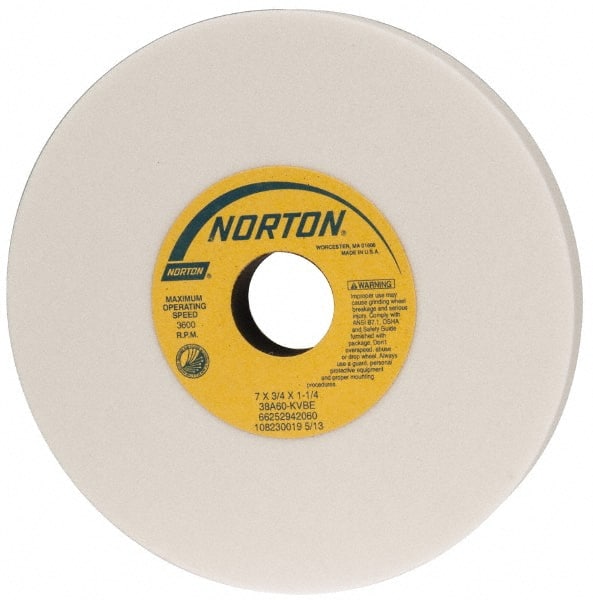 Norton - 7" Diam x 1-1/4" Hole x 3/4" Thick, K Hardness, 60 Grit Surface Grinding Wheel - Aluminum Oxide, Type 1, Medium Grade, 3,600 Max RPM, Vitrified Bond, No Recess - Exact Tooling