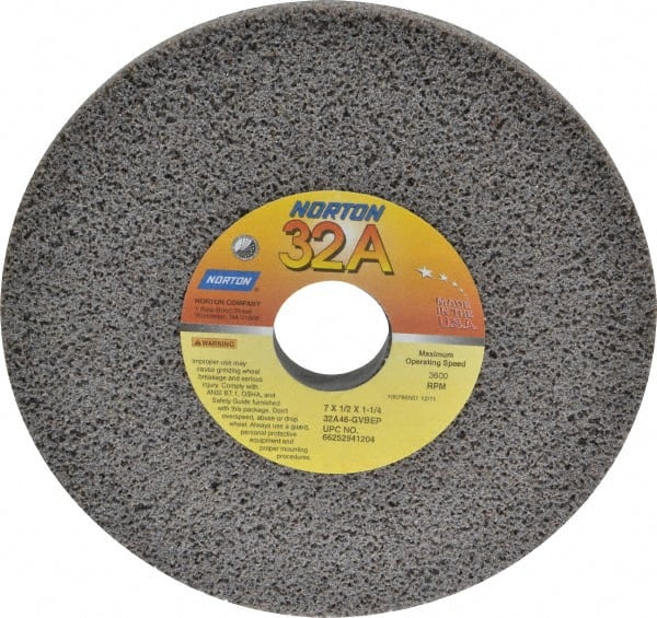 Norton - 7" Diam x 1-1/4" Hole x 1/2" Thick, G Hardness, 46 Grit Surface Grinding Wheel - Aluminum Oxide, Type 1, Coarse Grade, 3,600 Max RPM, Vitrified Bond, No Recess - Exact Tooling
